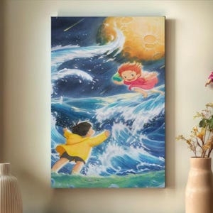 May include: A canvas print featuring a whimsical illustration of two children in a dynamic ocean scene. One child, in a yellow raincoat, reaches out towards another child in a pink dress, who is flying above the waves. A large moon and stars are in the background.