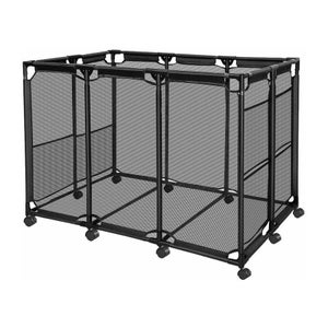 May include: A black mesh storage bin with a rectangular shape. The bin has a metal frame and is mounted on small black wheels. The mesh sides and top allow for visibility of the contents.
