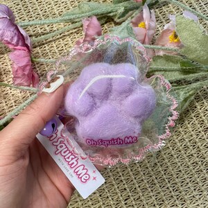 May include: A lavender paw-shaped squishy toy in a clear plastic container with pink trim. The text "Oh Squish Me" is visible on the toy and a tag. The tag reads "Oh Squish Me" and "With Love Cnu".