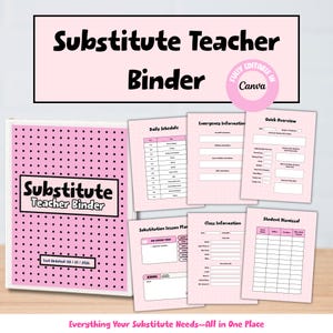Può includere: Un raccoglitore a pois rosa e neri intitolato Substitute Teacher Binder con data 08/01/2026. Include diverse pagine stampabili con sezioni per orari giornalieri, informazioni di emergenza, panoramiche, piani di lezione, informazioni sulla classe e registri di uscita degli studenti.