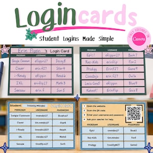 May include: A set of printable login cards for students featuring tables with columns for program, username, and password. The cards include text fields for student names, a QR code, and instructional steps. The design uses pink and tan backgrounds.