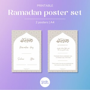 May include: Printable Ramadan poster set featuring two A4 posters. The posters have a beige background with a decorative pattern and a white arch shape. The text includes "Ramadan poster set" and Arabic calligraphy.