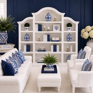 Puede incluir: Un salón con un sofá, sillones y un otomán blancos. Cojines y decoración con diseños azules y blancos acentúan el espacio. Una estantería blanca exhibe libros, velas y objetos decorativos. Las paredes son azul marino.