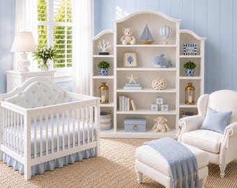 May include: A nursery with a white crib, a matching bookcase, and a white armchair. The crib has a light blue fitted sheet and a matching dust ruffle. The bookcase is filled with decorative items, including a teddy bear, a sailboat, and a whale.