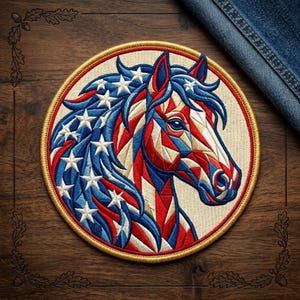 May include: Embroidered patch featuring a horse head design with a patriotic theme. The horse's mane and parts of its face are blue with white stars, while the rest is red and white. The patch is round with a gold border.