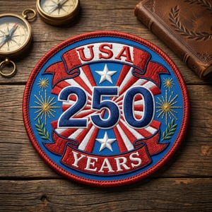 May include: A round embroidered patch with the text "USA 250 YEARS". The patch features a blue border, red ribbons, white stars, and a red, white, and blue burst design. The patch is on a wooden surface.