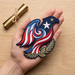 May include: Embroidered patch in the shape of an eagle with red, white, and blue wings and a star on a navy blue background. The eagle has a gold-colored olive branch and a gold star. The patch is held in a hand.