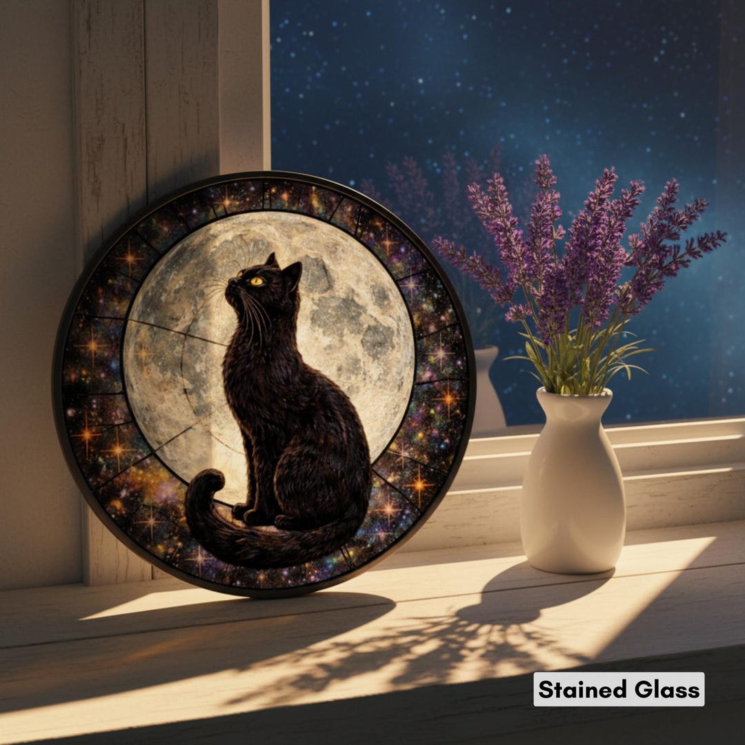 Custom Name Black Cat Stained Glass Suncatcher Cats Sitting Moon Window ...