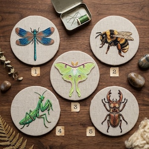 May include: Five circular fabric hoops featuring embroidered insects: a blue dragonfly, a fuzzy bumblebee, a pale green luna moth, a bright green praying mantis, and a brown stag beetle. Each hoop is numbered one through five on small paper tags.