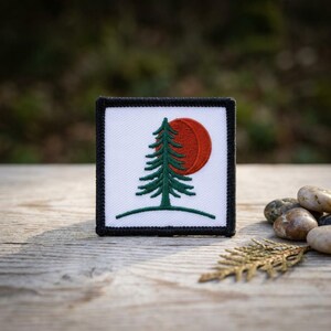 Custom Name Pine Tree Embroidered Patch, Sun Forest Iron On, Minimal Art for Landscape Backpack, Outdoor Camping Lover Gift, Christmas Decor