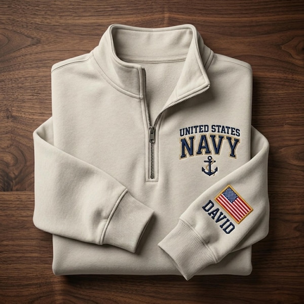 Sudadera con cremallera de un cuarto de la Marina de los Estados Unidos con nombre bordado personalizado, jersey militar, patriótica personalizada, camiseta patriótica del Día de los Veteranos