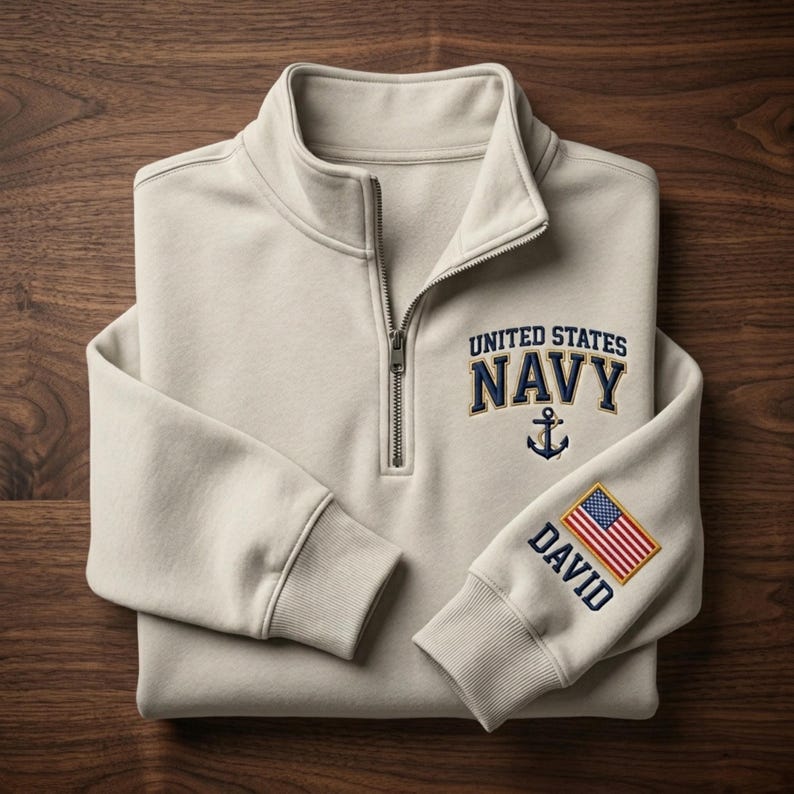 Custom Name Embroidered United States Navy Quarter Zip Sweatshirt, Military Pullover, Personalized  Patriotic, Veteran Day Patriotic Shirt