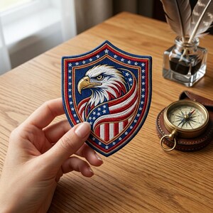 May include: Embroidered patch in the shape of a shield, featuring a bald eagle with the American flag design. The patch is blue, red, white, and gold. The patch is held in a hand. A compass and inkwell are in the background.