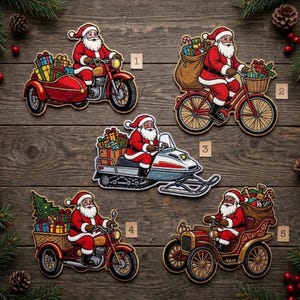 May include: Five embroidered patches featuring Santa Claus in various vehicles: 1) riding a red motorcycle with a sidecar, 2) on a red bicycle with a gift sack, 3) on a snowmobile, 4) on a red trike with a tree, and 5) in a vintage car.