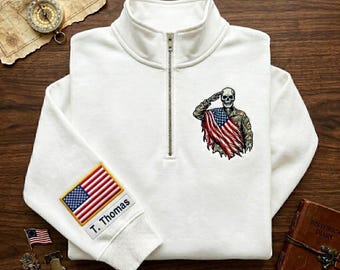 Personalized Skeleton Veteran Quarter Zip Sweatshirt, Custom Military Tribute Pullover, Memorial Day Patriotic Gift Men, Flag Embroidered