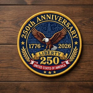 May include: A circular patch with a blue background and gold trim. The patch commemorates the 250th Anniversary of the United States of America, with an eagle, the years 1776-2026, and the words "Liberty 250" and "United States of America".