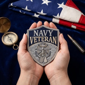 May include: A shield-shaped patch with the words "NAVY VETERAN" in white lettering. The patch features an anchor, dog tags, and a compass rose design. The background includes a folded American flag, a vintage compass, and a bullet.