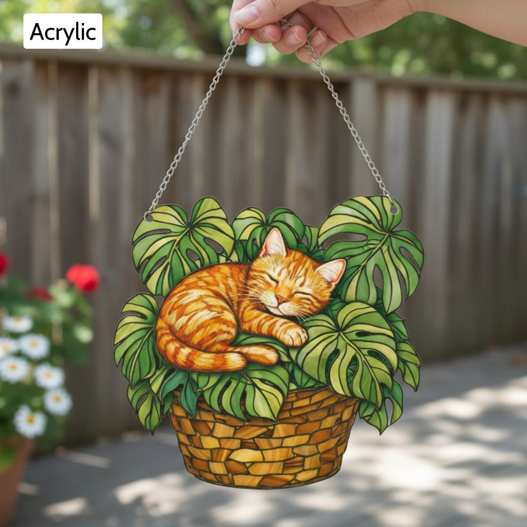 Custom Orange Cat Monstera Acrylic Suncatcher, Pet Lover Gifts Window ...
