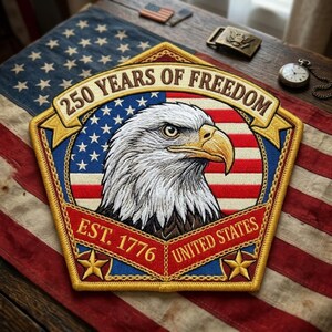 May include: Embroidered patch featuring a detailed bald eagle with the text "250 YEARS OF FREEDOM" and "EST. 1776 UNITED STATES." The patch is set against a backdrop of the American flag, with a vintage aesthetic. A patriotic emblem.