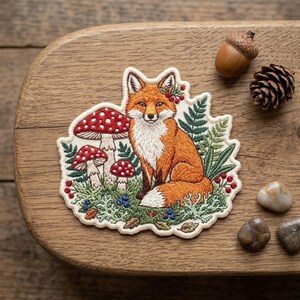 May include: An embroidered patch featuring a central orange and white fox sitting among red and white spotted mushrooms, green ferns, and small berries. The detailed needlework depicts a woodland scene with a white border on a fabric base.