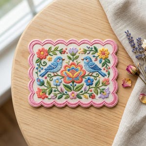 May include: Embroidered patch featuring two blue birds perched amidst colorful flowers and foliage. The design includes red, yellow, and blue flowers, with a scalloped pink border. The patch is set against a cream-colored background.
