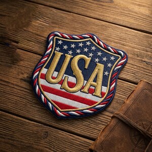 May include: Embroidered shield-shaped patch with "USA" in gold lettering, set against a blue background with white stars and red and white stripes. The patch is bordered with red, white, and blue rope-like trim. A brown leather journal is visible.
