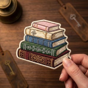 May include: Embroidered patch featuring a stack of vintage-style books in various colors. The books include a pink, tan, blue, green, and burgundy book. The tan book has a compass rose design. The patch is held by a hand.