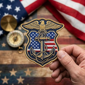 May include: Embroidered patch featuring a shield design with an anchor, stars, and stripes, and an eagle at the top. The patch is in shades of blue, gold, and red. The patch is held by a hand.