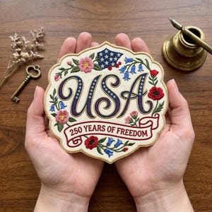 Custom Name USA Floral Patch, 250 Years Freedom Embroidery Iron On, Patriotic Flower for Jackets, Backpacks, Hats, Independence Day Gift Men bild 1