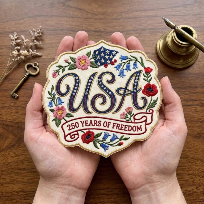 Custom Name USA Floral Patch, 250 Years Freedom Embroidery Iron On, Patriotic Flower for Jackets, Backpacks, Hats, Independence Day Gift Men bild 1