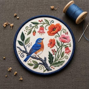 May include: A circular embroidery hoop featuring a blue bird perched on a dark branch, surrounded by orange and pink flowers, green leaves, and small red berries on a cream fabric background, accompanied by a wooden spool of blue thread.