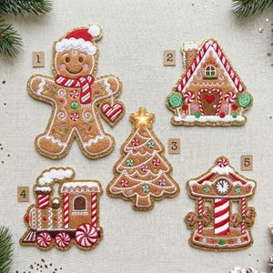 May include: Five embroidered felt patches featuring gingerbread-themed designs: a gingerbread person, a gingerbread house, a Christmas tree, a steam train, and a carousel, each labeled with a small numbered square from one to five.