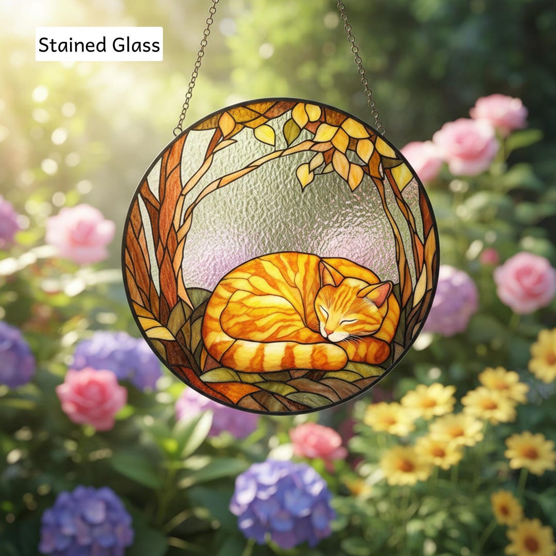 Custom Orange Cat Sleeping Stained Glass Suncatcher, Cats Lovers Gift ...