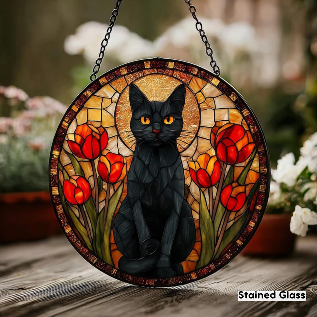 Custom Black Cat With Flower Stained Glass Suncatcher, Pet Window ...