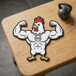 May include: A white embroidered patch featuring a muscular chicken with a red comb, yellow beak, and yellow feet. The chicken is flexing its arms and wearing a circular medal around its neck with the word EGG printed in black capital letters.