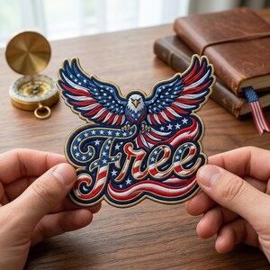 May include: Embroidered patch featuring a patriotic design with a soaring eagle, red, white, and blue wings, and the word "FREE" in a stylized font. The patch is held by hands, with a compass and books in the background.