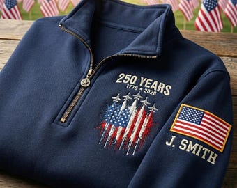 Personalized Patriotic Jet USA 250 Quarter Zip Sweatshirt, Custom 1776 2026 Patriotic Pullover, Independence Celebration Gift Men Sweater