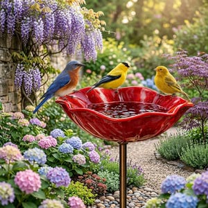 Op de afbeelding: Een helderrode vogelbad met een geschulpte rand, gevuld met water, is het middelpunt. Drie kleurrijke vogels zitten op de rand. De achtergrond toont een weelderige tuin met hortensia's, blauwe regen en een stenen muur.