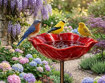 Handgemaakte metalen bloementuinpaal - decoratief vogelbad- en bijengietstation - levendige rode bloementuinkunst - uniek cadeau natuurliefhebber