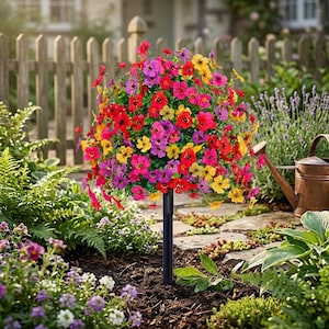 Puede incluir: Un colorido arreglo floral artificial en un jardín. Presenta flores rojas, amarillas, rosas y moradas, montadas sobre un poste negro. El jardín incluye una valla de madera, vegetación y una regadera de cobre.