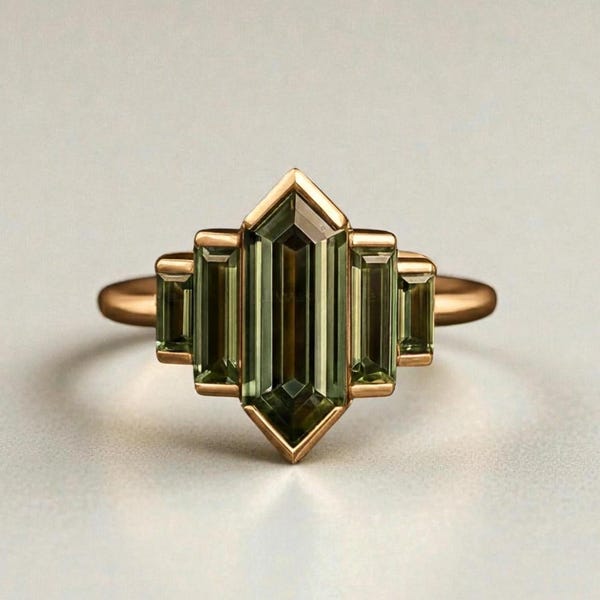Vintage 14K Gold Green Amethyst Ring, Art Deco Baguette Gemstone Ring