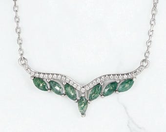 Natural Moss Agate Marquise Shaped Necklace Silver Dainty Necklace Marquise Cut Moss Agate Sterling Silver Necklace Friendship Promise Gift