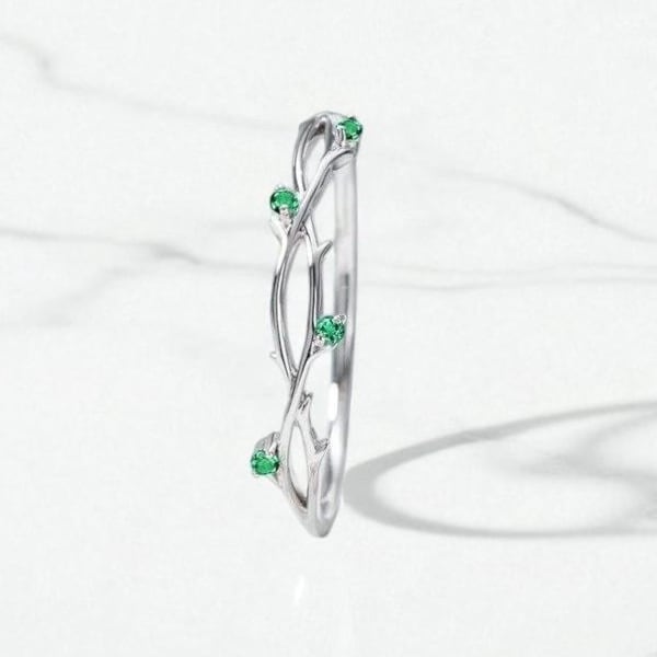 Alliance vintage émeraude, bague feuille art déco, or blanc