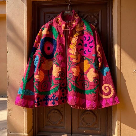 Velvet Suzani Embroidered Jacket | Handmade Floral Button Coat | Boho Winter Kimono Jacket | Artisan Ethnic Outerwear Gift for Her