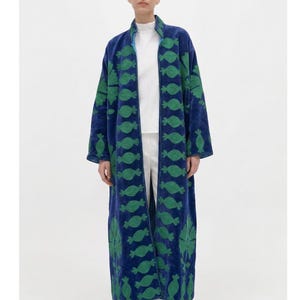 Blue Velvet Suzani Kimono Robe | Green Embroidered Boho Duster Coat | Handmade Ethnic Jacket Long Festival Kimono Statement Outerwear Gift