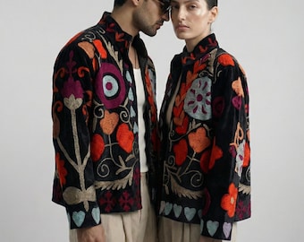 Vintage Suzani Short Jacket | Handmade Uzbek Embroidered Boho Coat | Heart Floral Festival Jacket | Artisan Statement Outerwear Gift