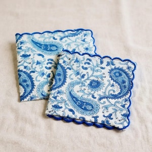 Handblock Printed Cotton Napkins Set – Blue Paisley Boho Dinner Napkins – Reusable Cloth Table Napkins, Handmade in India