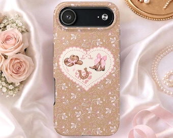 Custodia per telefono a forma di cuore da cowgirl western / ferro di cavallo, stivali, cappello da cowboy, floreale