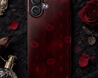 Cover per telefono con motivo romantico / Stampa con bacio di labbra scure, accenti floreali gotici