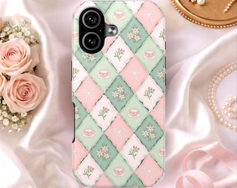 Custodia per telefono con motivo patchwork Tea Time / Motivo floreale pastello con tazze